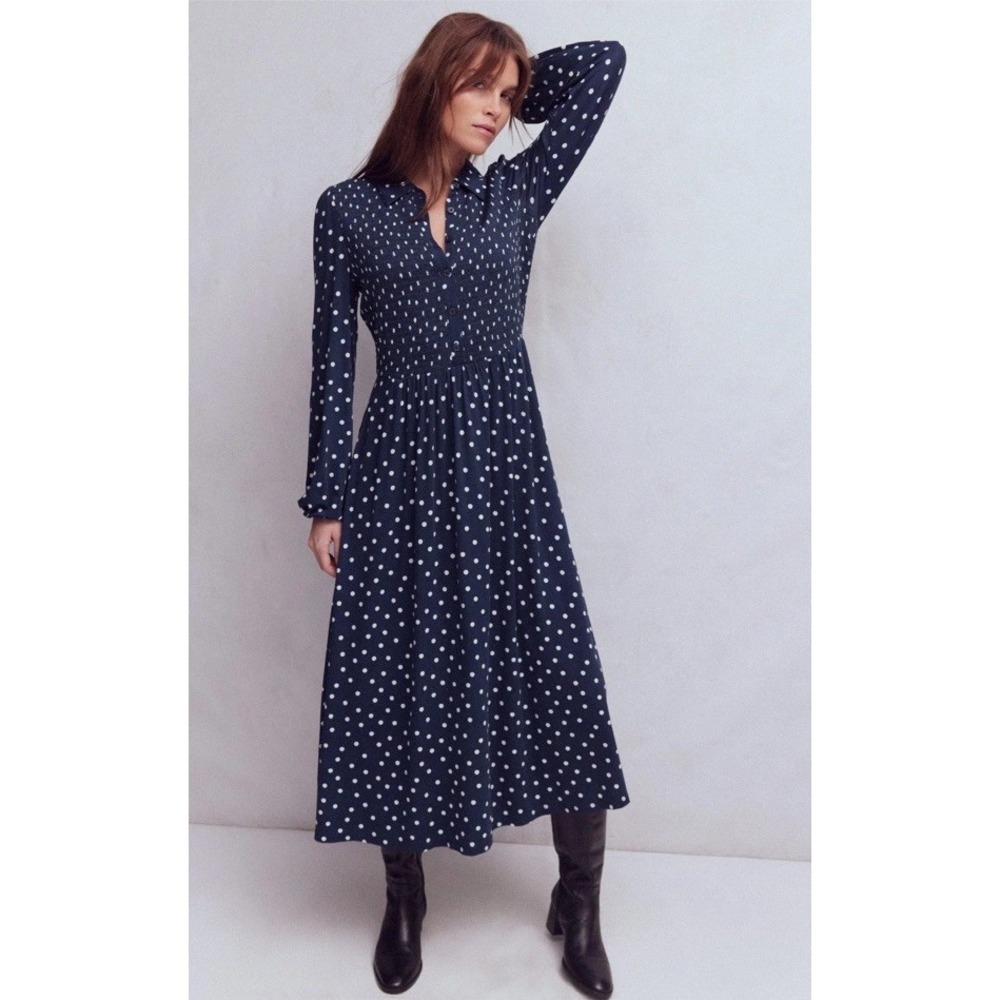 Boden Smocked Jersey French Navy Painted Dot Maxi/Midi Dress US 12